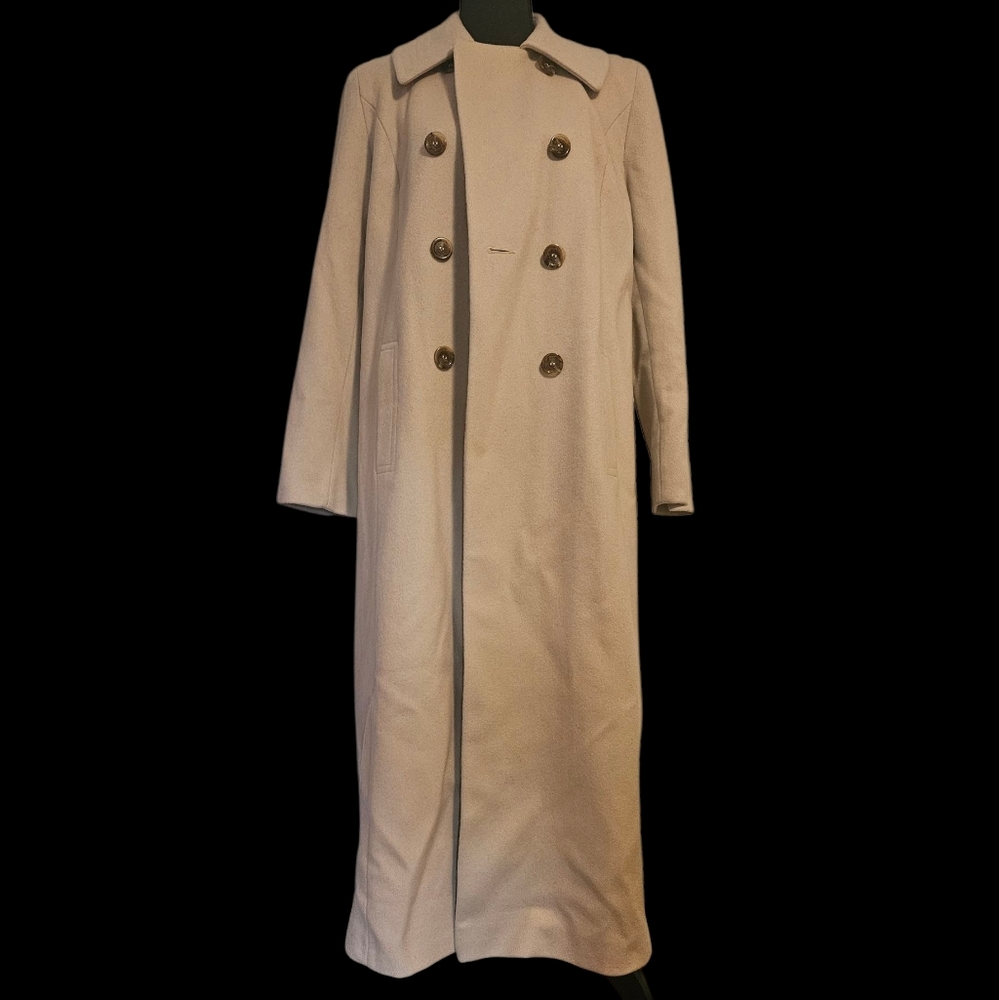Vintage Beige Classic Heritage Old Money Double Breasted Wool Maxi Coat Sz L